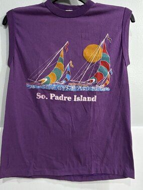 Vintage South Padre Island Texas Purple Sleeveless Shirt 80s Purple Sail Boats